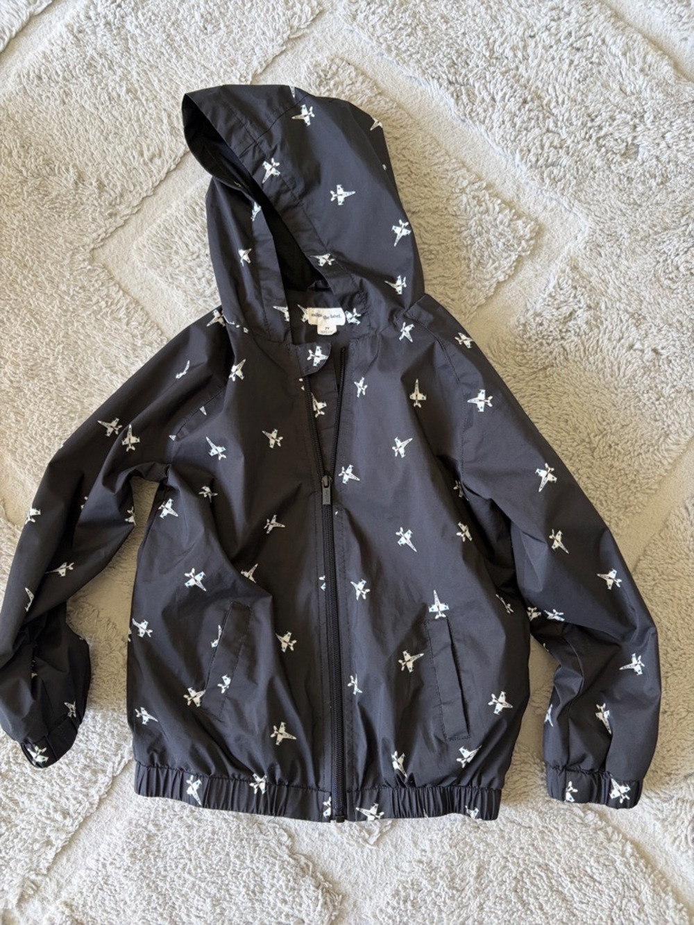 Miles The Label Kids Black Hooded Raincoat with White Airplanes Motif